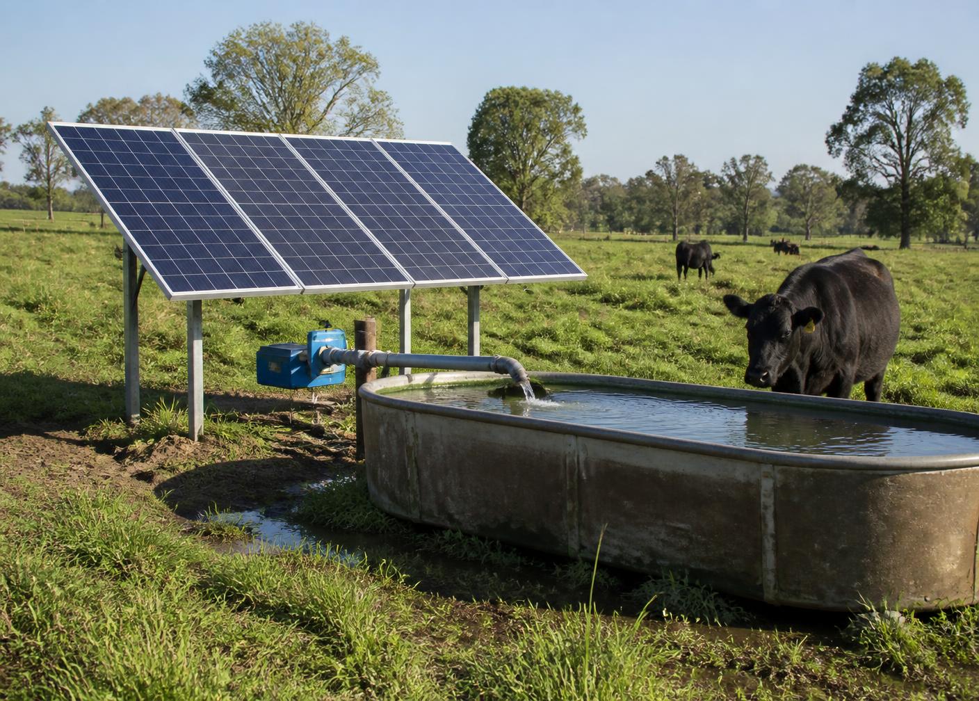 Ground-mounted solar panel powering a water pump filling a livestock trough on a farm